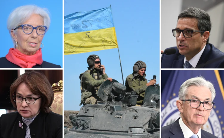 Clockwise from top left: Christine Lagarde; Ukrainian soldiers in Chernihiv Oblast; Roberto Campos Neto; Jerome Powell; Elvira Nabiullina